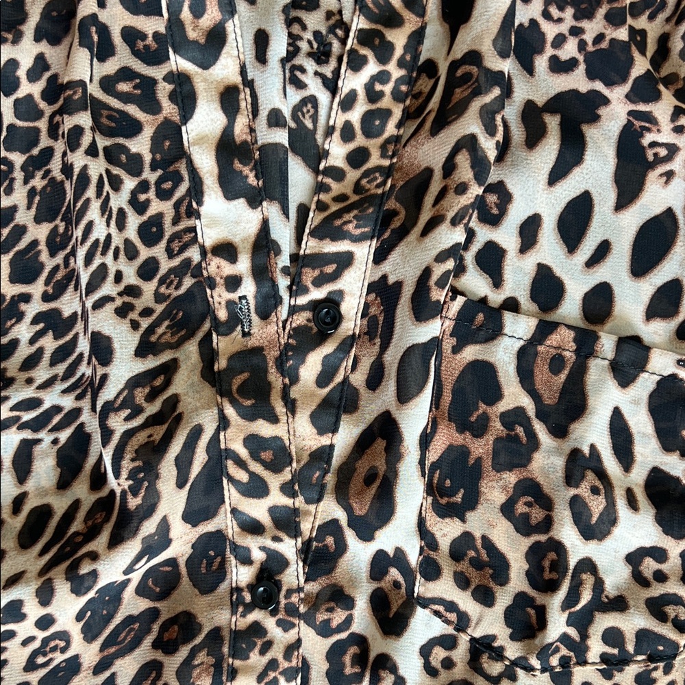 Xtaren Leopard Print Sheer Chiffon Roll Tab Sleeve Tunic Blouse - Picture 7 of 15